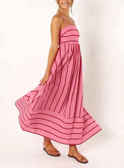 Abito lungo da donna a righe con pieghe sul retro, sexy con spalline sottili e design traforato, fluido ed elegante.
