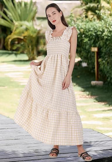 Abito lungo da donna in stile retrò a quadri, con corpetto arricciato, spalline sottili e balze.